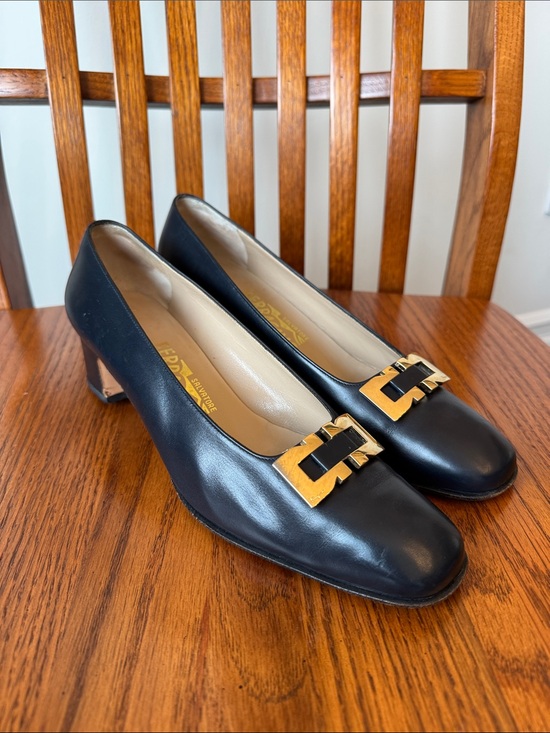 Salvatore Ferragamo Shoes - Ferragamo Navy Blue Leather Heels with Gold Buckle Accent